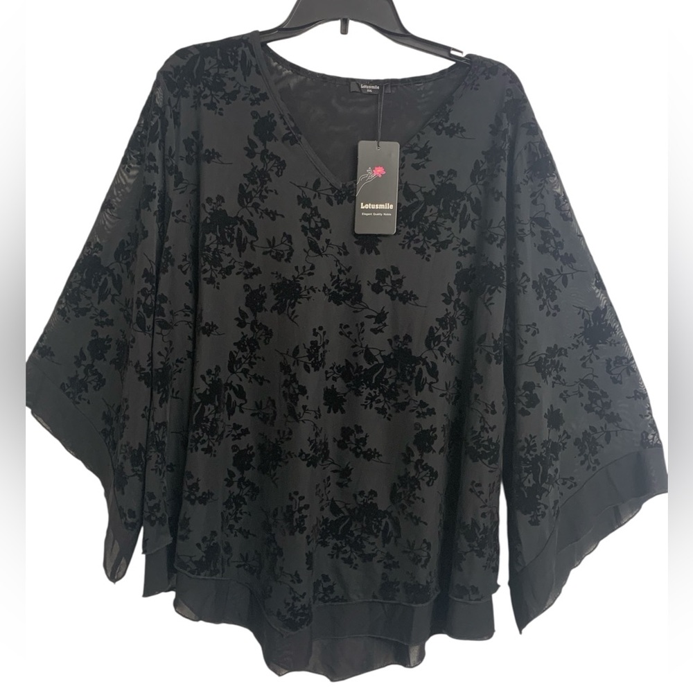 Lotusmile 3XL Sheer V-Neck Bell Sleeve Floral Velvet Top Whimsigoth Grung‎